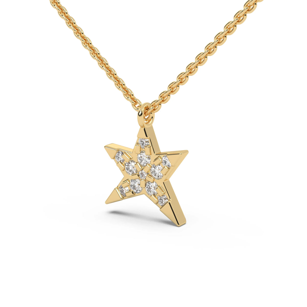 This yellow gold pendant is shaped like a star, made with round diamonds in pave setting in side view