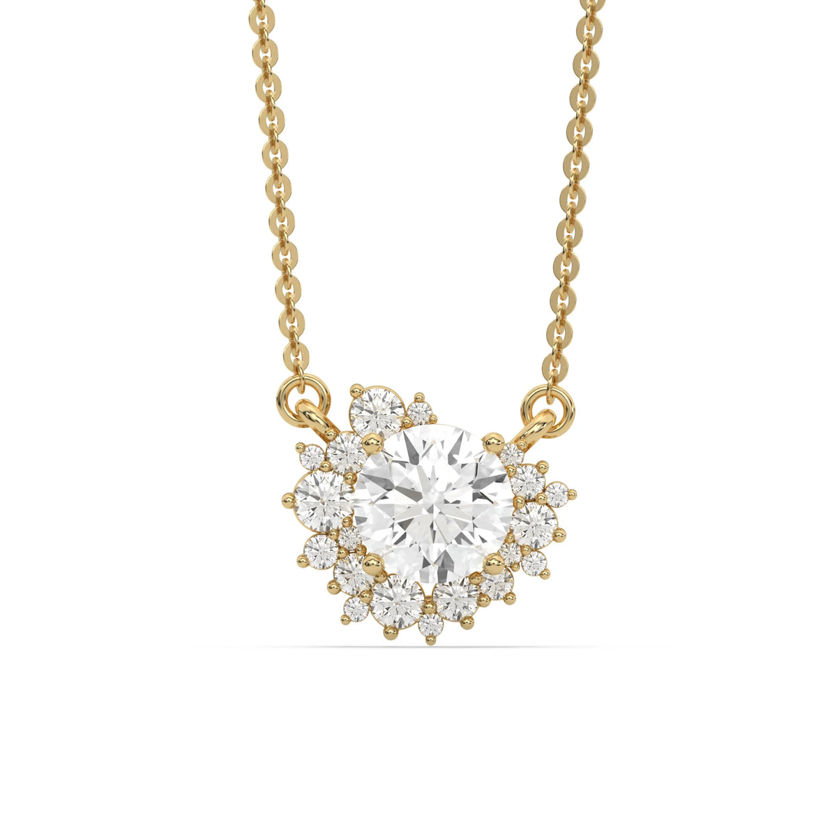 18K Yellow Gold Round Diamond Starburst Cluster Pendant