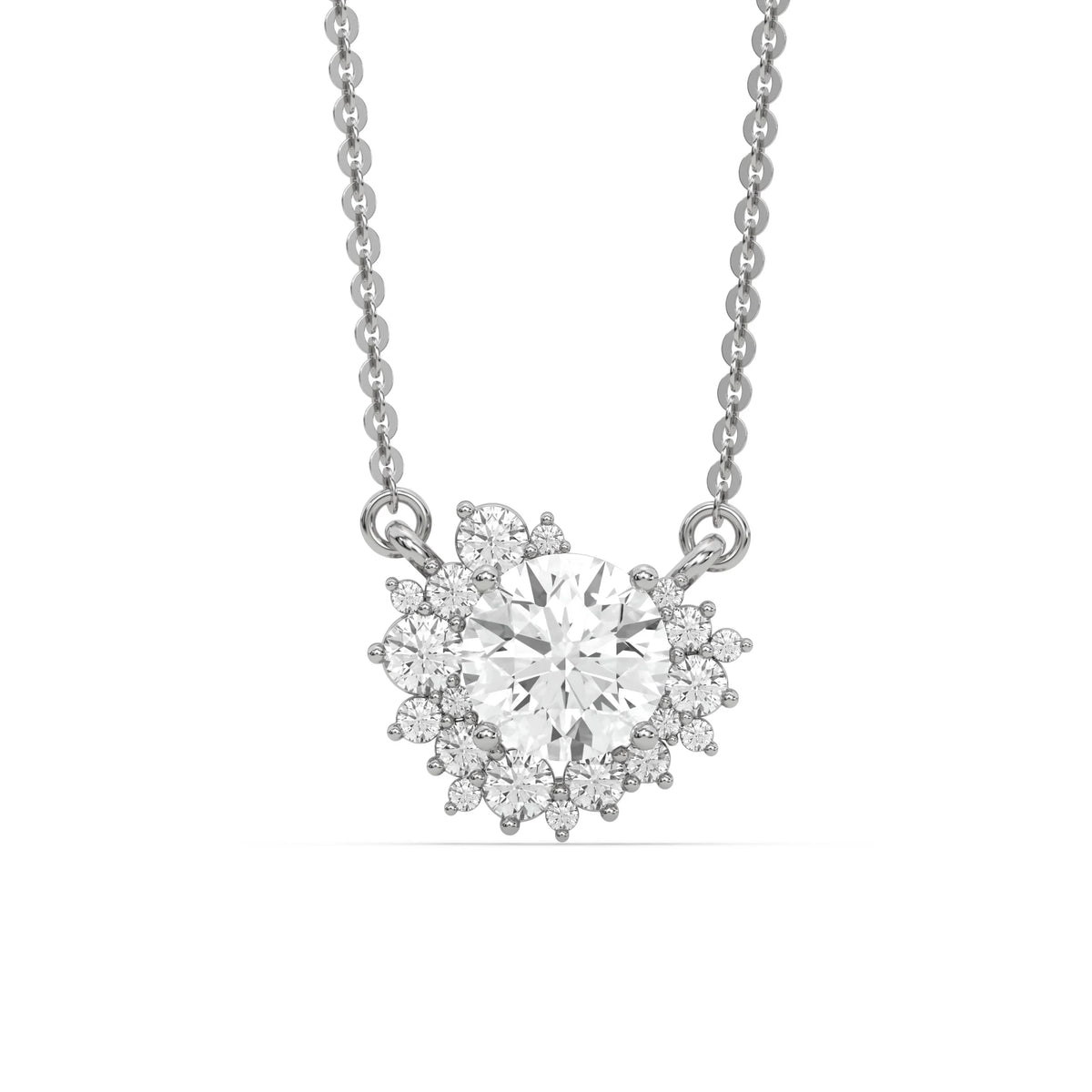 18K White Gold Round Diamond Starburst Cluster Pendant