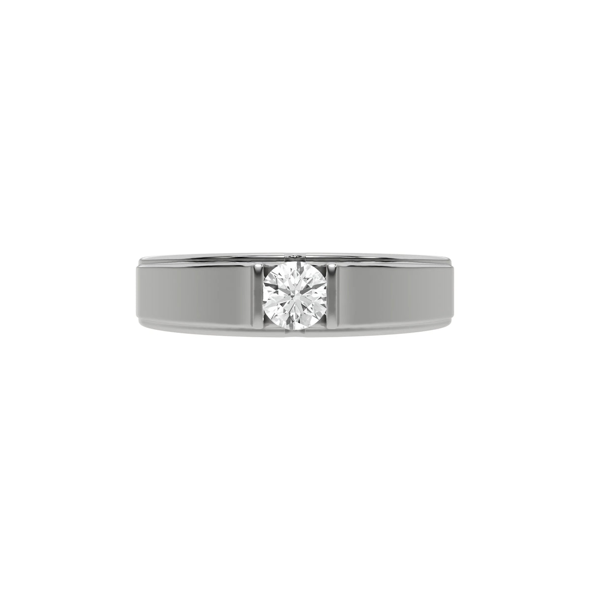 This white gold Tension set diamond solitaire ring, showcasing a solid gold band adorned with a stunning 0.50 Ct round brilliant-cut diamond at its center, elegantly secured in a tension setting in top view