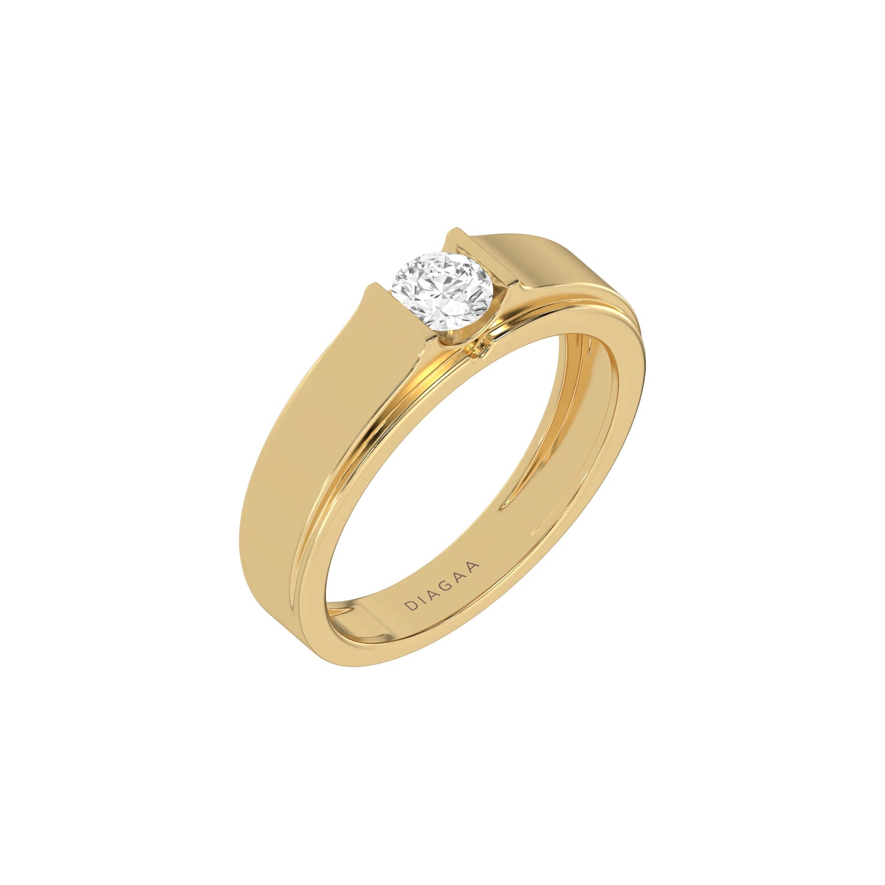 This yellow gold Tension set diamond solitaire ring, showcasing a solid gold band adorned with a stunning 0.50 Ct round brilliant-cut diamond at its center, elegantly secured in a tension setting in 3d view