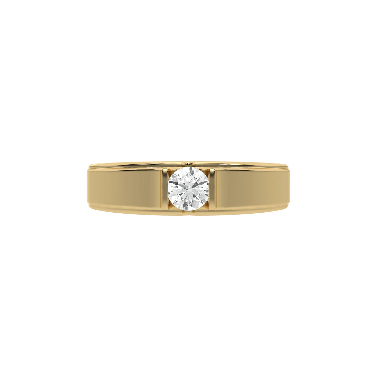 This yellow gold Tension set diamond solitaire ring, showcasing a solid gold band adorned with a stunning 0.50 Ct round brilliant-cut diamond at its center, elegantly secured in a tension setting in top view