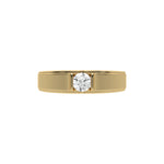 This yellow gold Tension set diamond solitaire ring, showcasing a solid gold band adorned with a stunning 0.50 Ct round brilliant-cut diamond at its center, elegantly secured in a tension setting in top view