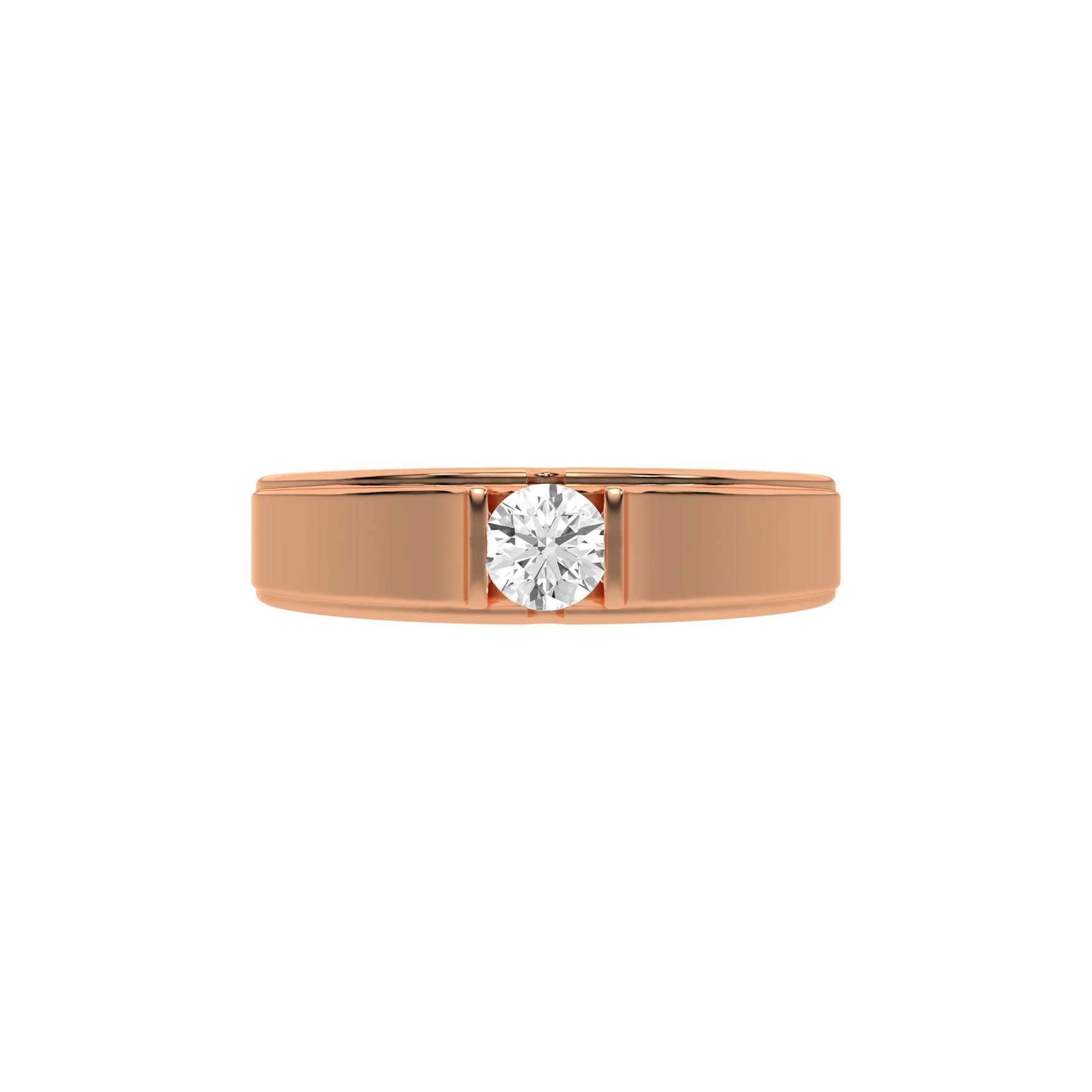 This rose gold Tension set diamond solitaire ring, showcasing a solid gold band adorned with a stunning 0.50 Ct round brilliant-cut diamond at its center, elegantly secured in a tension setting in top view