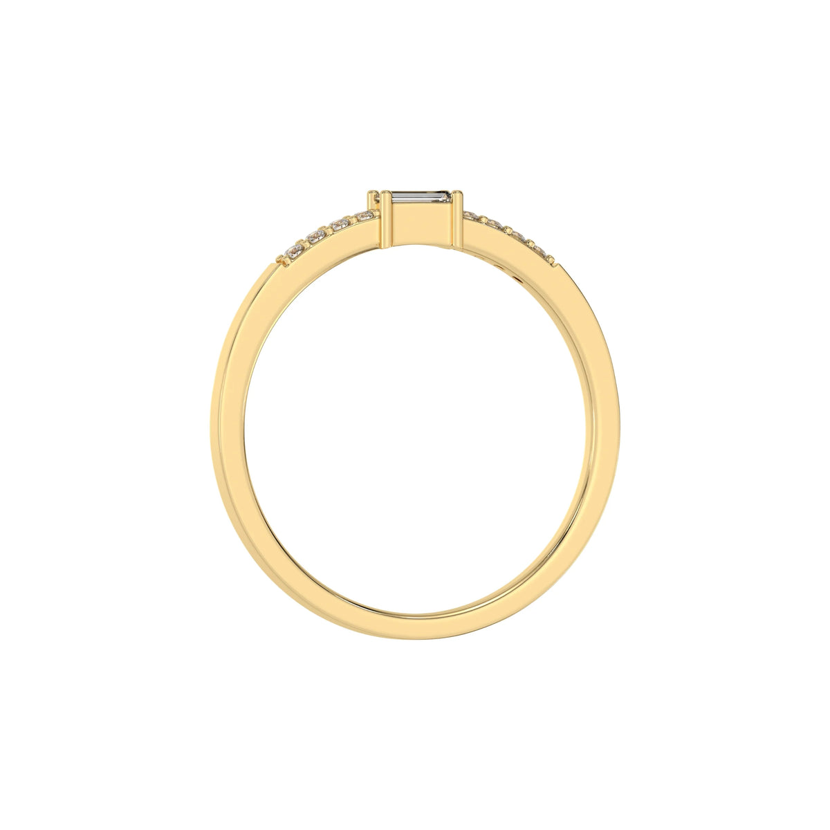 This yellow gold Petite Baguette Diamond Ring handcrafted with a baguette diamond in the center and flanked by three round brilliant-cut diamonds on each side. The baguette diamond is set in a four prong setting in through finger view