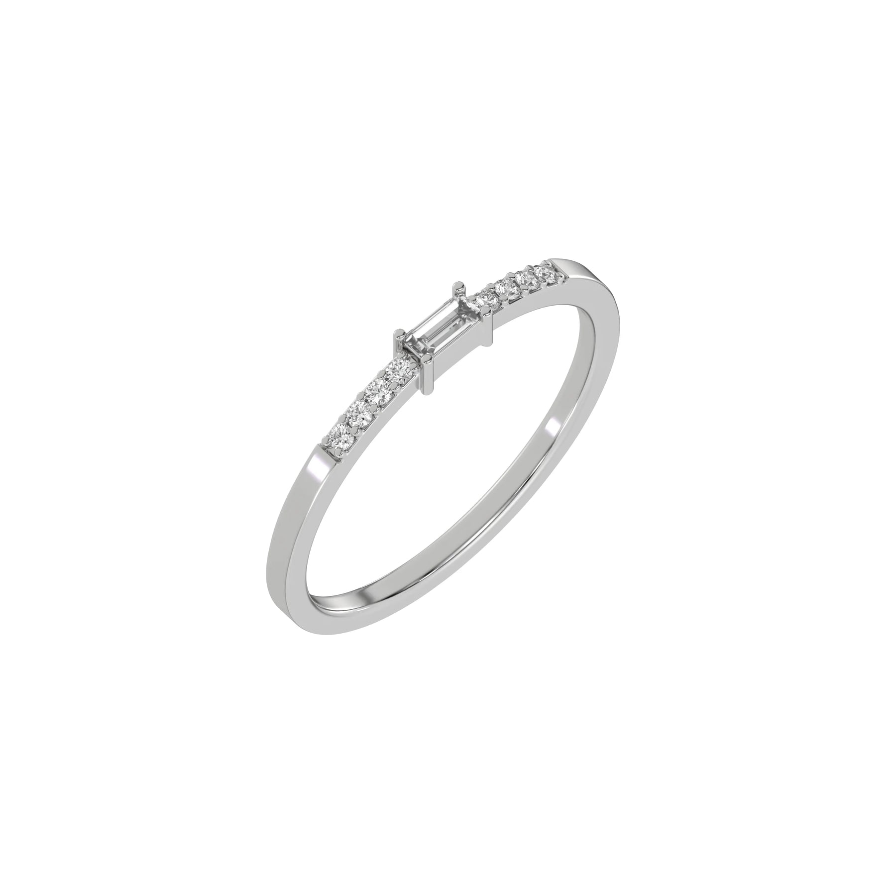 This white gold Petite Baguette Diamond Ring handcrafted with a baguette diamond in the center and flanked by three round brilliant-cut diamonds on each side. The baguette diamond is set in a four prong setting in 3D view