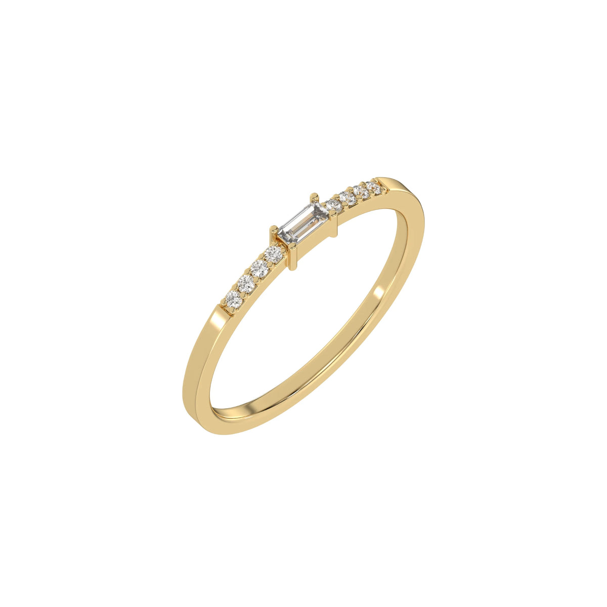 This yellow gold Petite Baguette Diamond Ring handcrafted with a baguette diamond in the center and flanked by three round brilliant-cut diamonds on each side. The baguette diamond is set in a four prong setting in 3D view