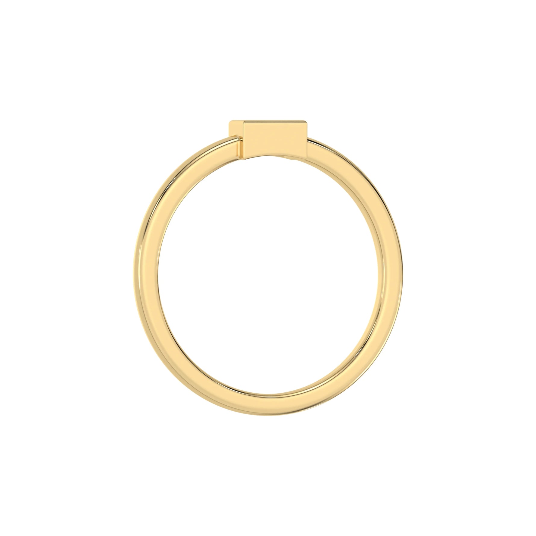 Thin yellow gold band with a baguette solitaire diamond in bezel setting in through finger view