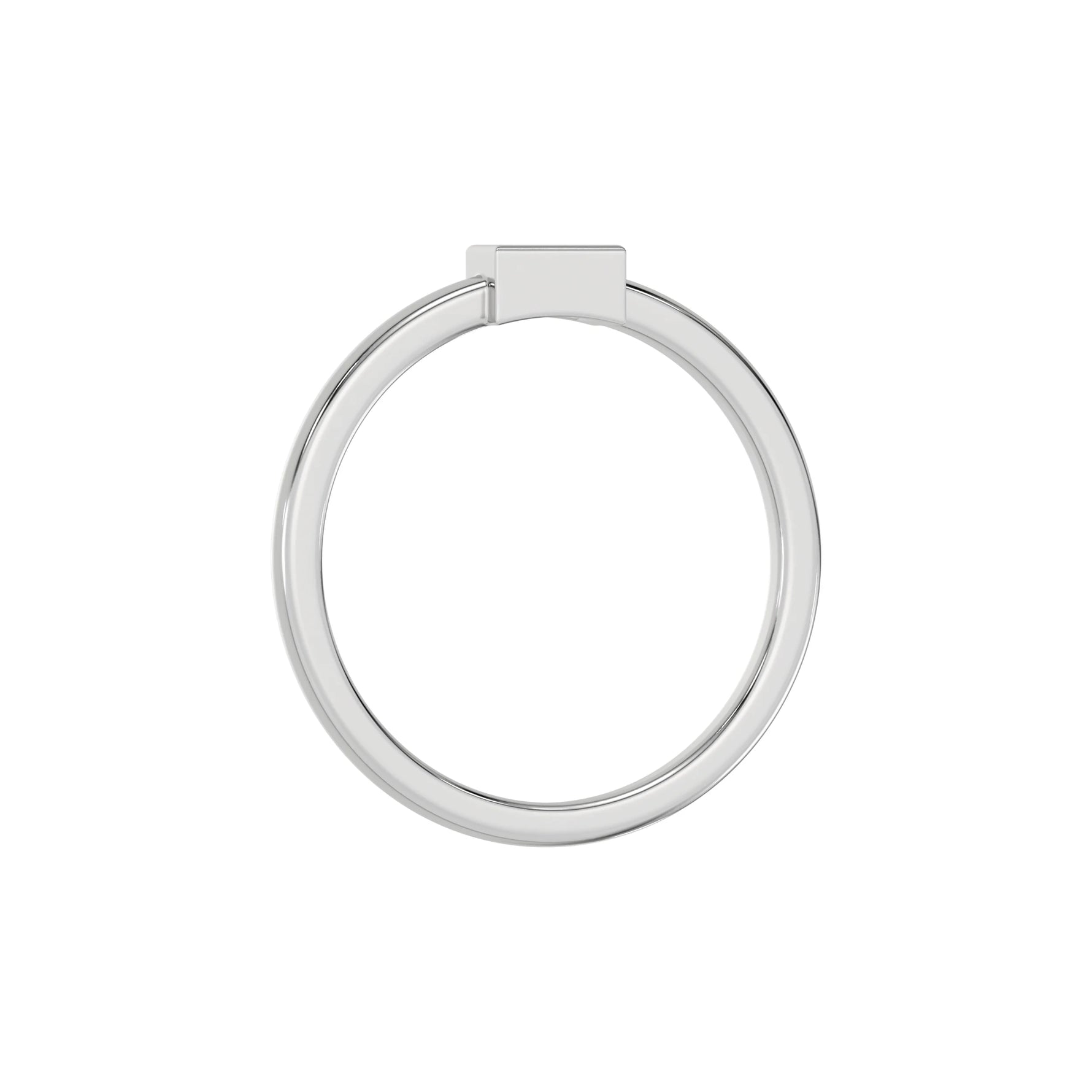 Thin white gold band with a baguette solitaire diamond in bezel setting in through finger view