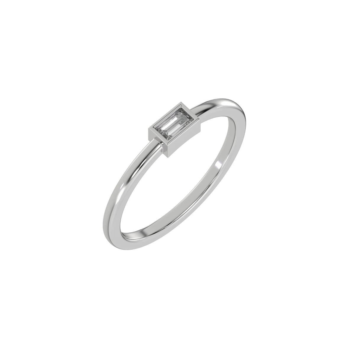 Thin white gold band with a baguette solitaire diamond in bezel setting in 3D view