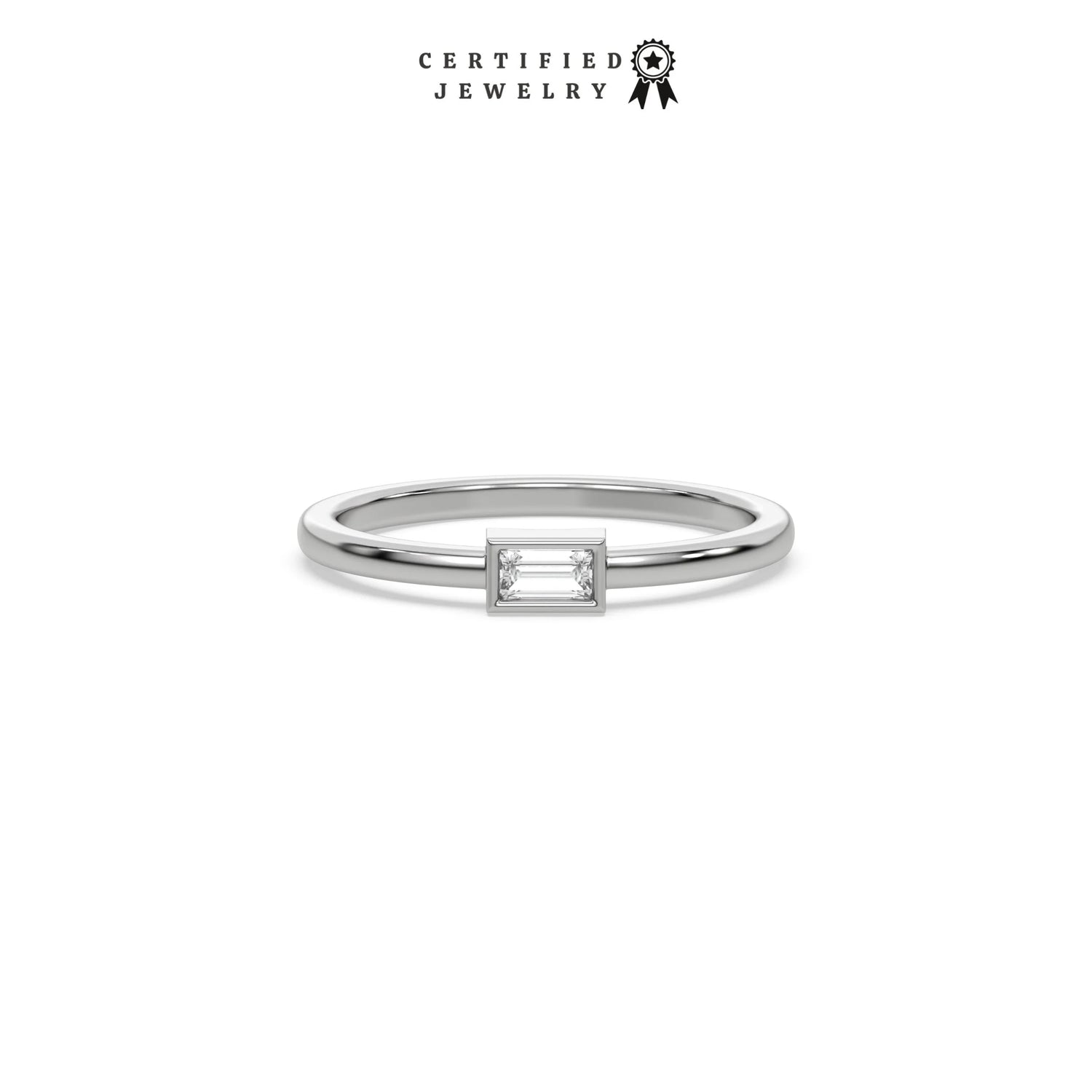 This white gold ring displayed on front view is made with baguette solitaire diamond in bezel setting