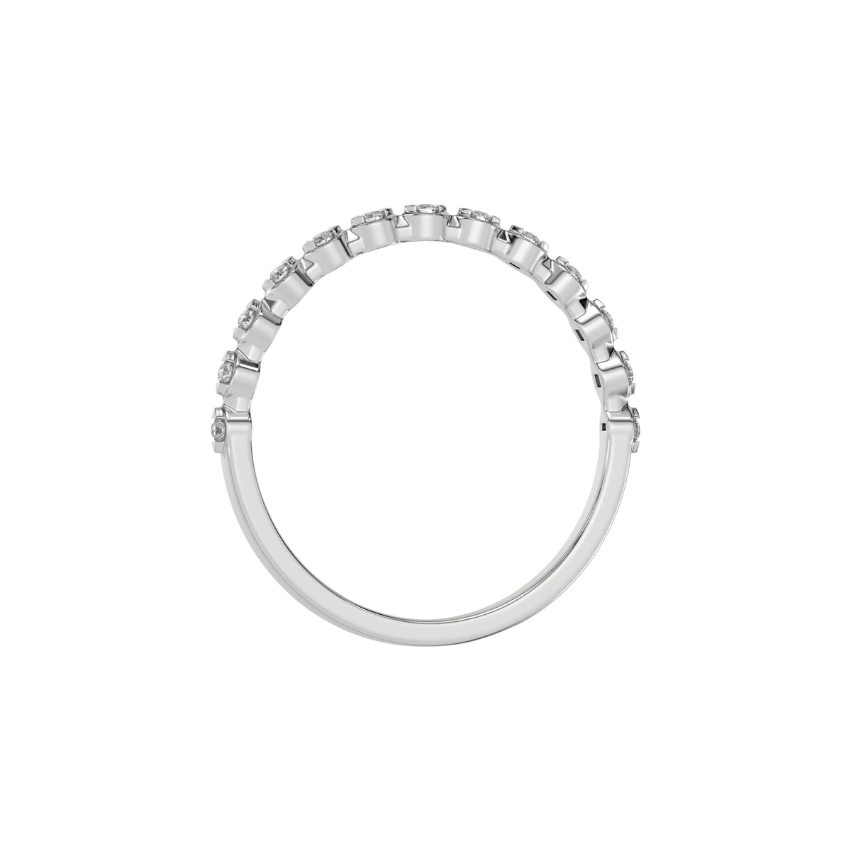 This white gold thin delicate diamond ring is made with 24 brilliant cut round diamonds and set in marquise shape in through finger view