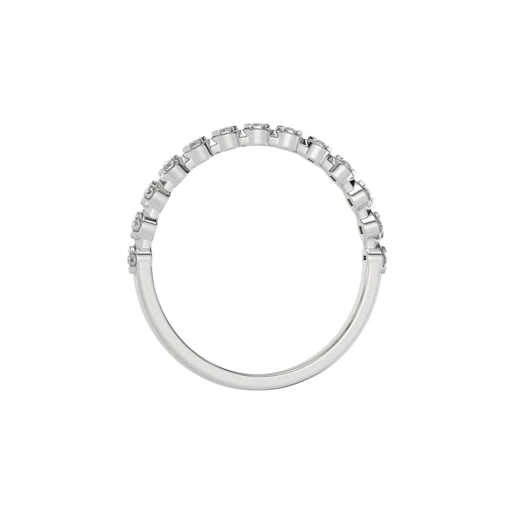 This white gold thin delicate diamond ring is made with 24 brilliant cut round diamonds and set in marquise shape in through finger view