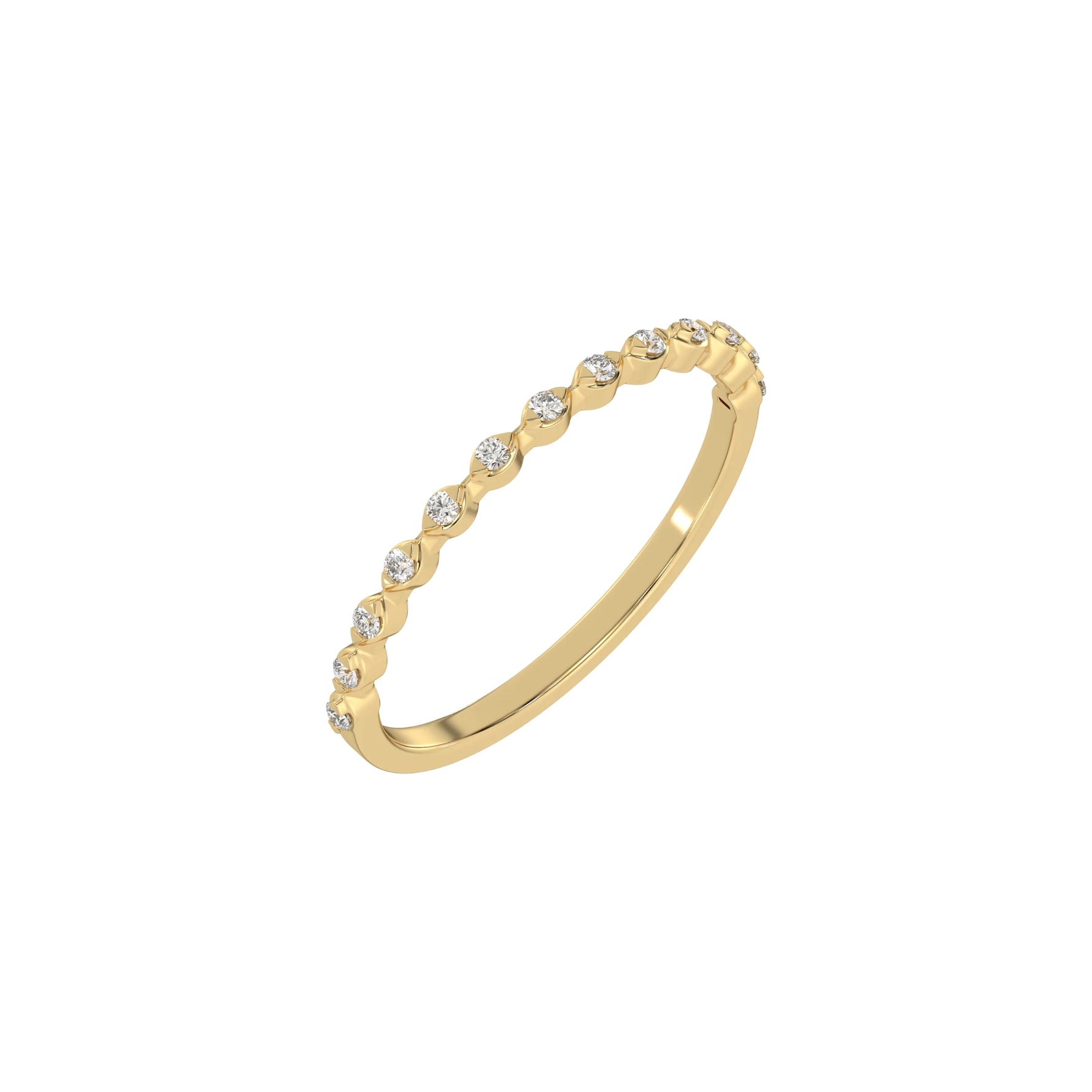 This yellow gold thin delicate diamond ring is made with 24 brilliant cut round diamonds and set in marquise shape in 3D view