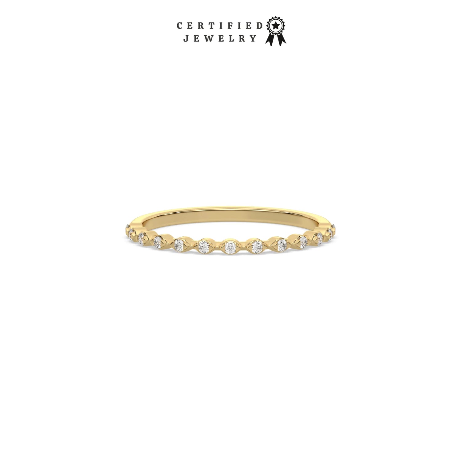 This yellow gold ring displayed in front view is made with a 24 brilliant cut round diamonds and set in marquise shape on ring finger