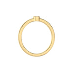 Thin yellow gold band with a round solitaire diamond in bezel setting in through finger view