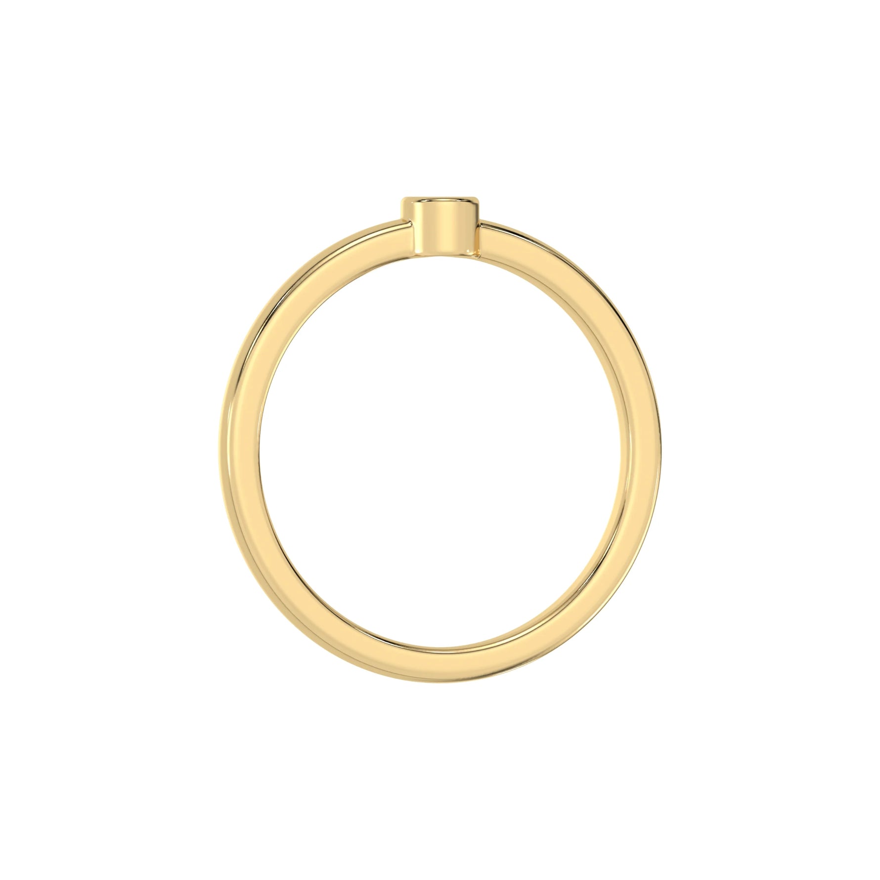 Thin yellow gold band with a round solitaire diamond in bezel setting in through finger view