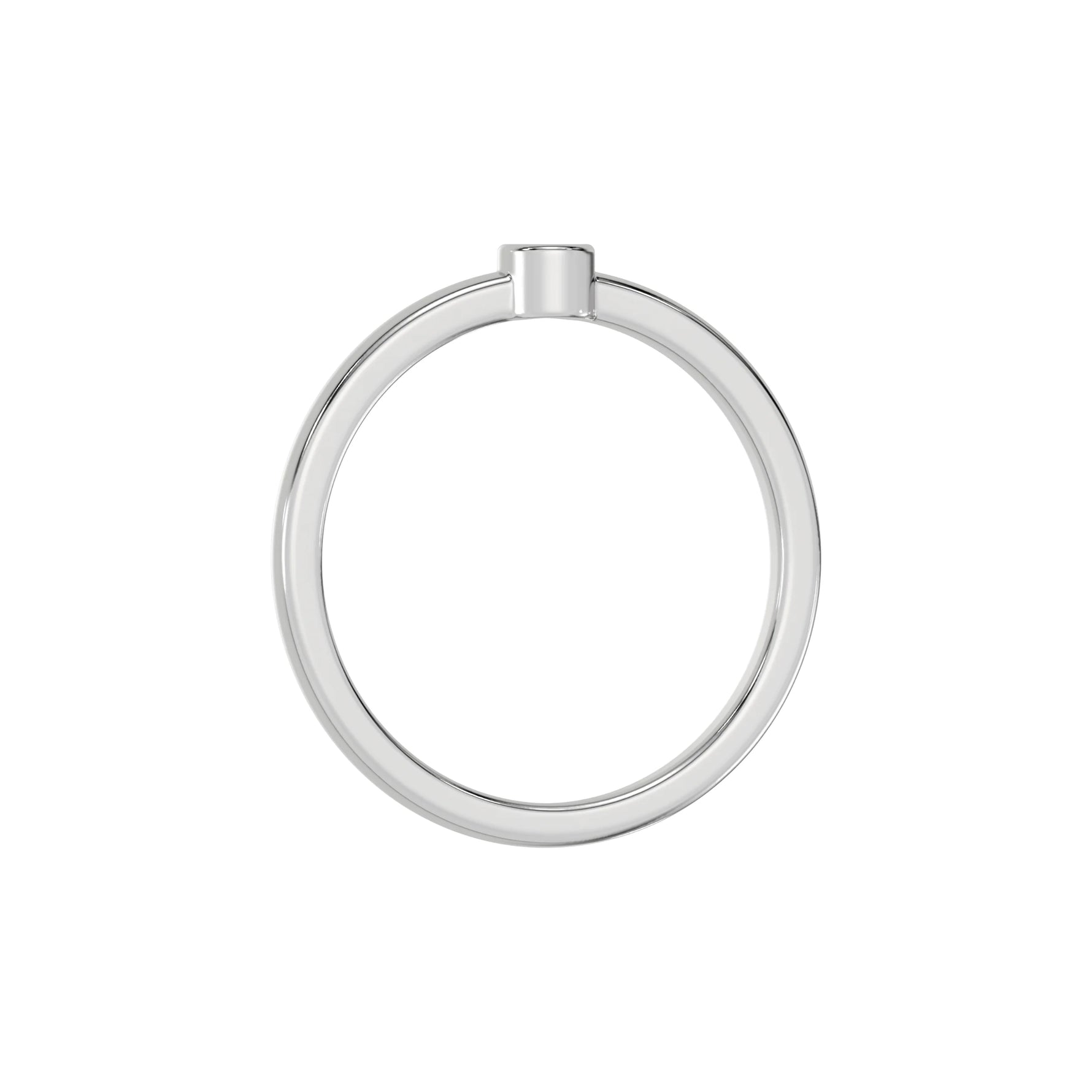 Thin white gold band with a round solitaire diamond in bezel setting in through finger view