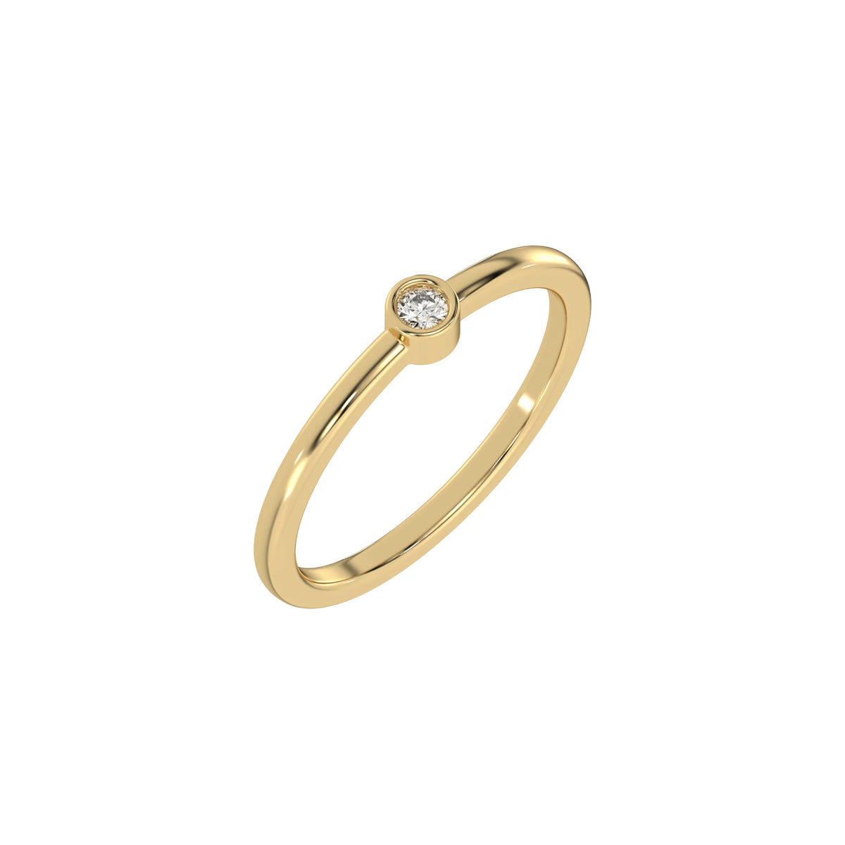 Thin yellow gold band with a round solitaire diamond in bezel setting in 3D view