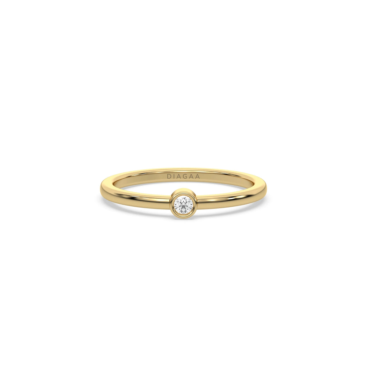 This yellow gold ring displayed on front view is made with brilliant round diamond set in bezel setting