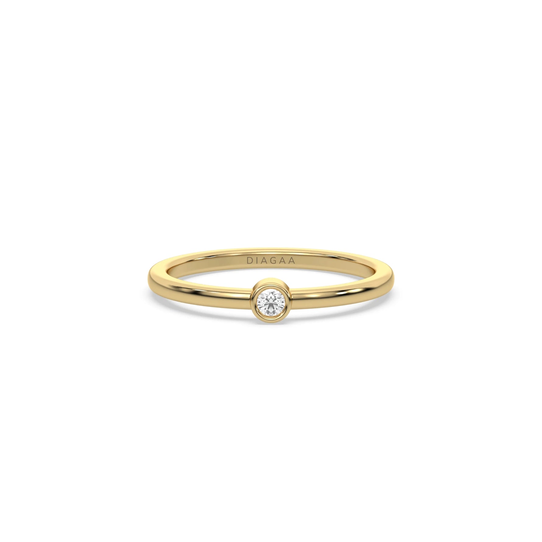 This yellow gold ring displayed on front view is made with brilliant round diamond set in bezel setting