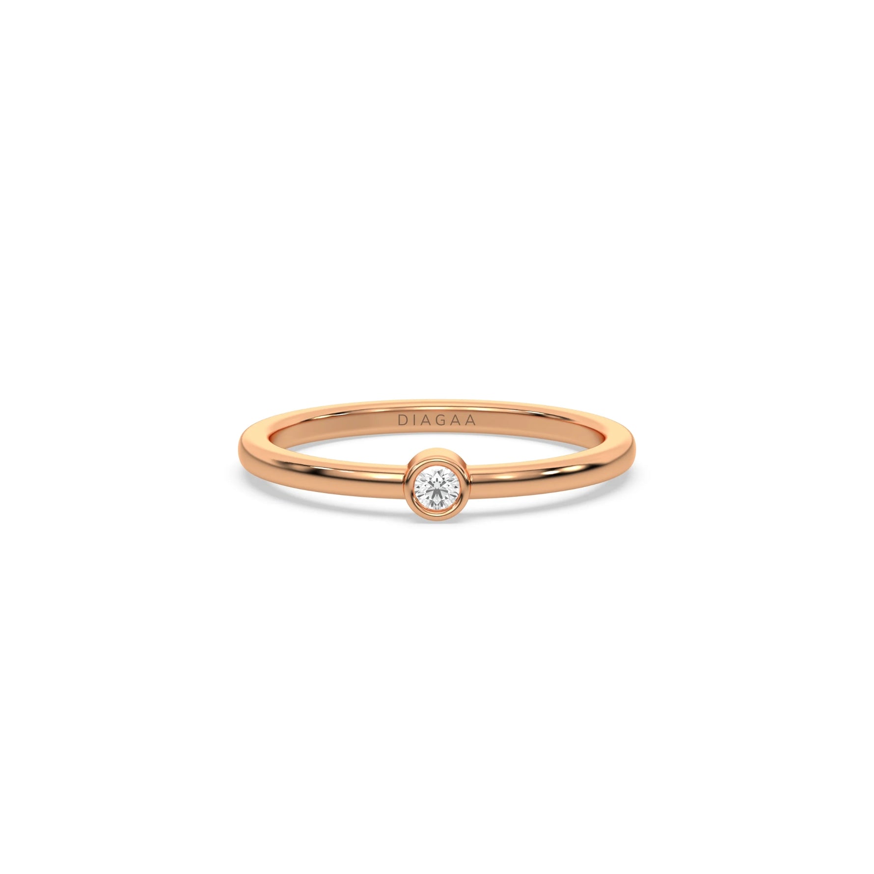 This rose gold ring displayed on front view is made with brilliant round diamond set in bezel setting