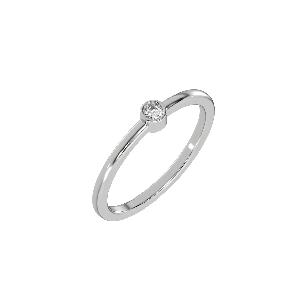 Thin white gold band with a round solitaire diamond in bezel setting in 3D view