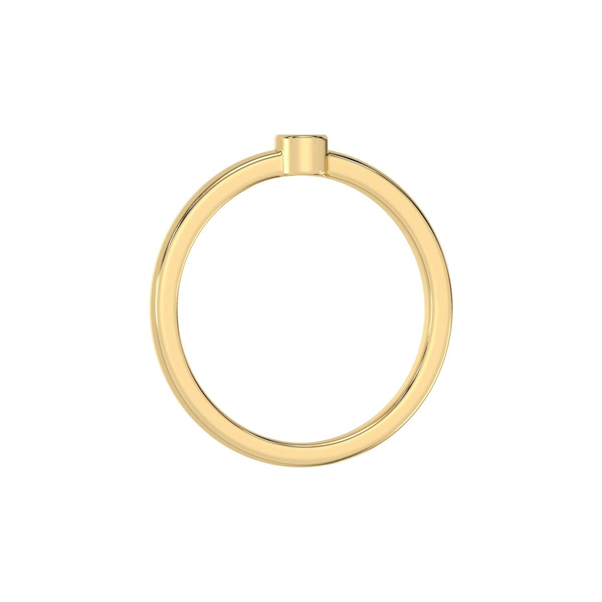 Thin yellow gold band with a round solitaire diamond in bezel setting in through finger view