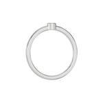 Thin white gold band with a round solitaire diamond in bezel setting in through finger view