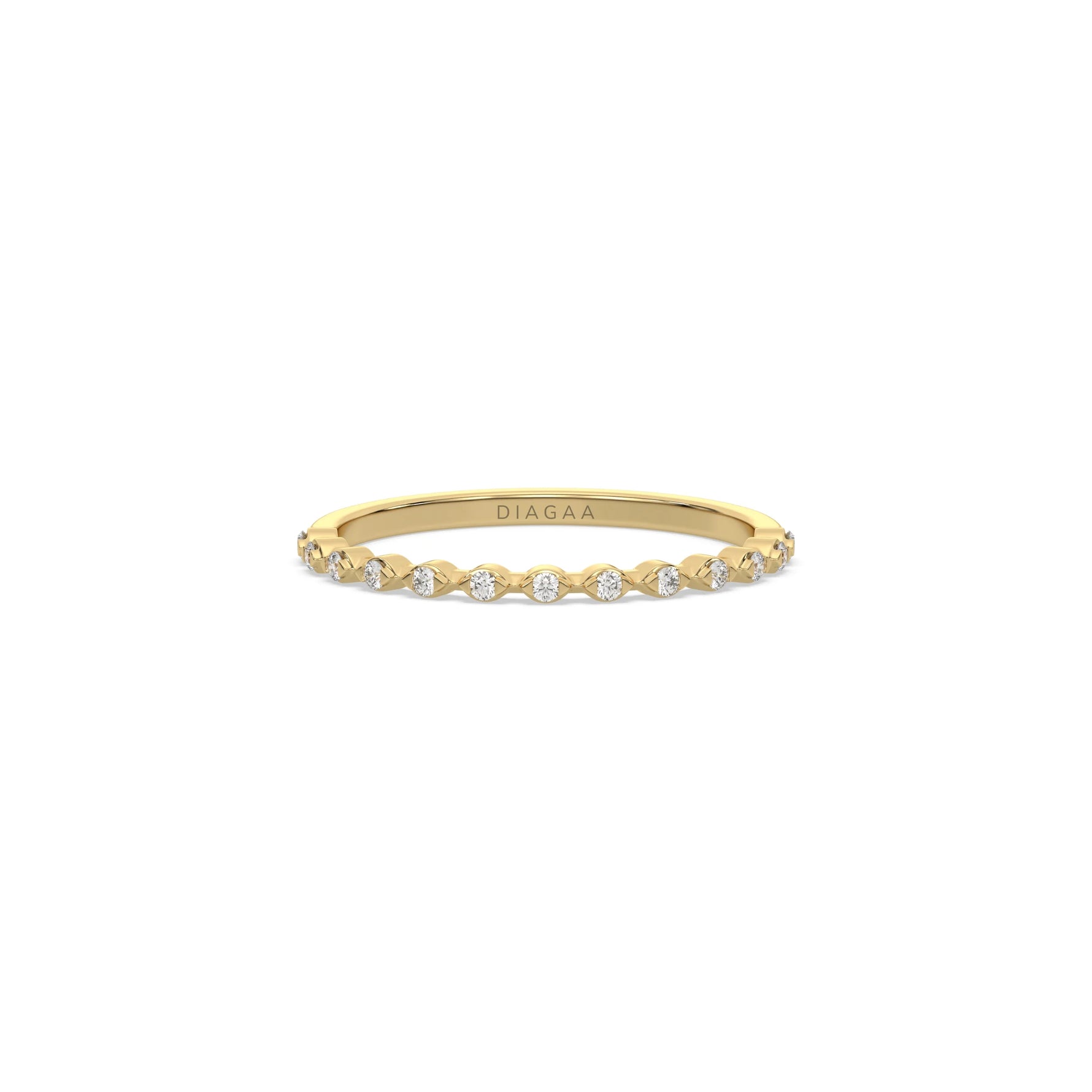 This yellow gold ring displayed in front view is made with a 24 brilliant cut round diamonds and set in marquise shape on ring finger