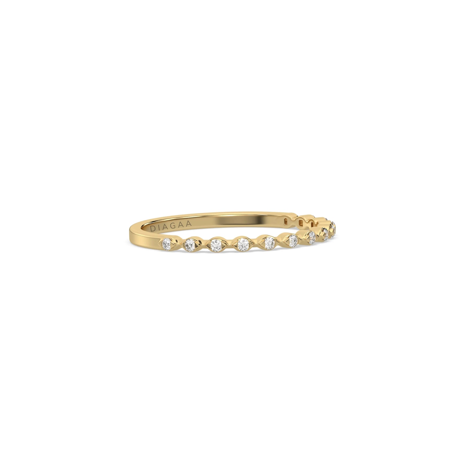 This yellow gold ring displayed in side view is made with a 24 brilliant cut round diamonds and set in marquise shape on ring finger