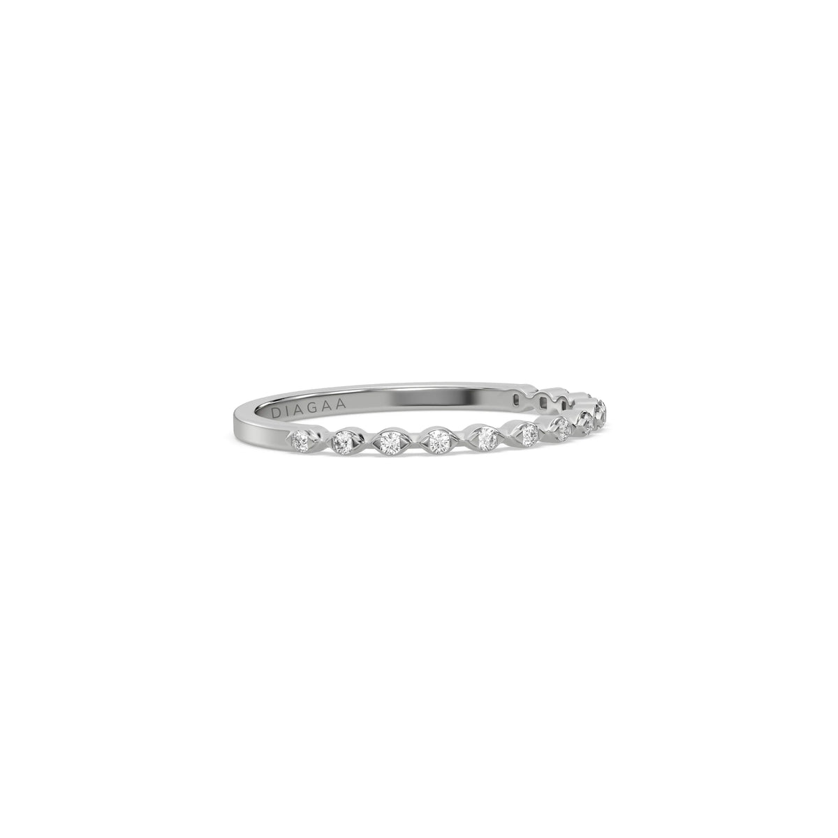 This white gold ring displayed in side view is made with a 24 brilliant cut round diamonds and set in marquise shape on ring finger