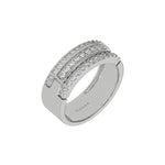 This white gold men's Tres diamond ring, a stunning piece adorned with three rows of round brilliant-cut diamonds meticulously set in a shared prong setting in 3D view