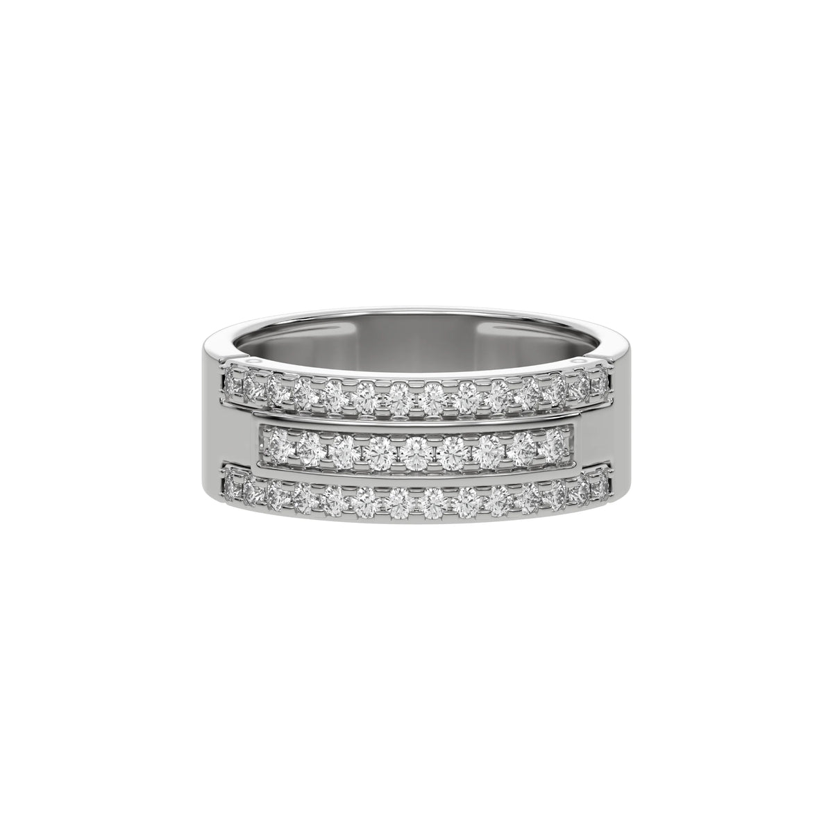 This white gold men's Tres diamond ring, a stunning piece adorned with three rows of round brilliant-cut diamonds meticulously set in a shared prong setting in top view