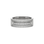 This white gold men's Tres diamond ring, a stunning piece adorned with three rows of round brilliant-cut diamonds meticulously set in a shared prong setting in top view