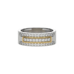 This white and yellow gold men's Tres diamond ring, a stunning piece adorned with three rows of round brilliant-cut diamonds meticulously set in a shared prong setting in top view