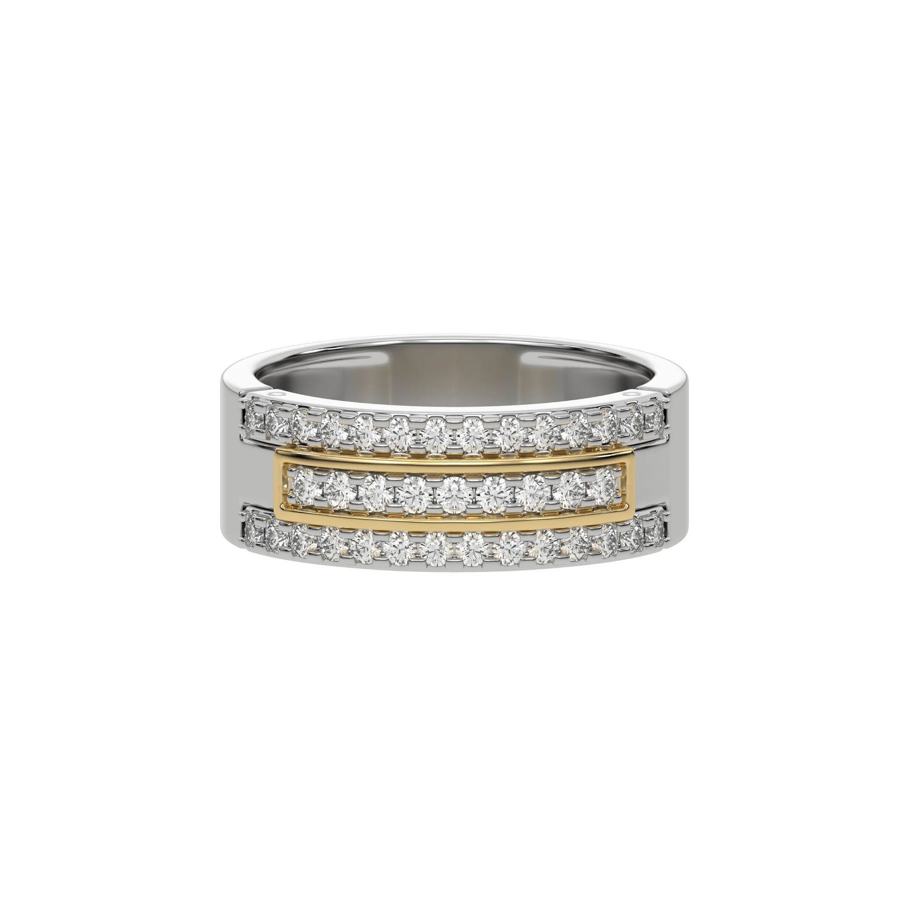 This white and yellow gold men's Tres diamond ring, a stunning piece adorned with three rows of round brilliant-cut diamonds meticulously set in a shared prong setting in top view