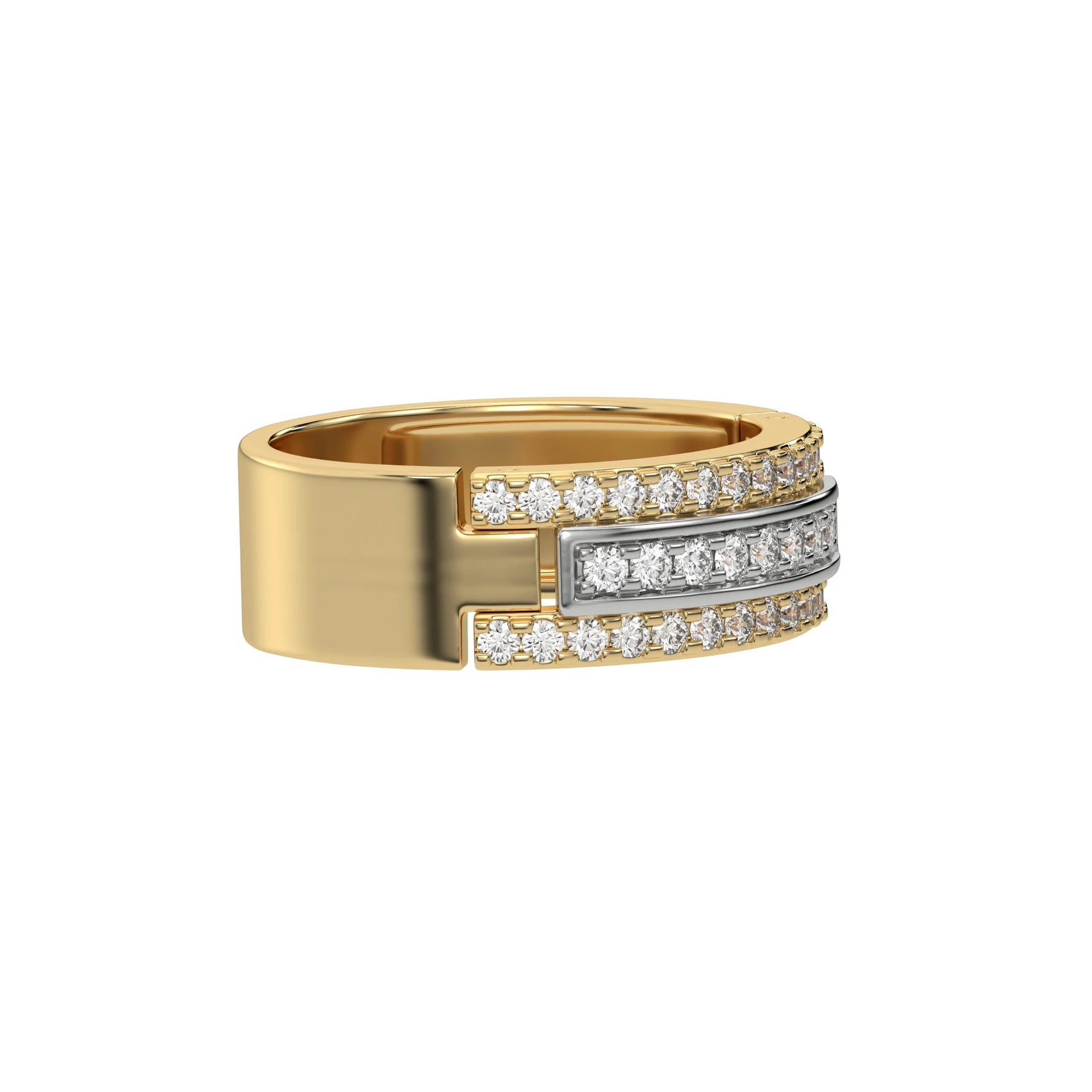 This yellow and white gold men's Tres diamond ring, a stunning piece adorned with three rows of round brilliant-cut diamonds meticulously set in a shared prong setting in side view