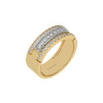 This yellow and white gold men's Tres diamond ring, a stunning piece adorned with three rows of round brilliant-cut diamonds meticulously set in a shared prong setting in 3D view