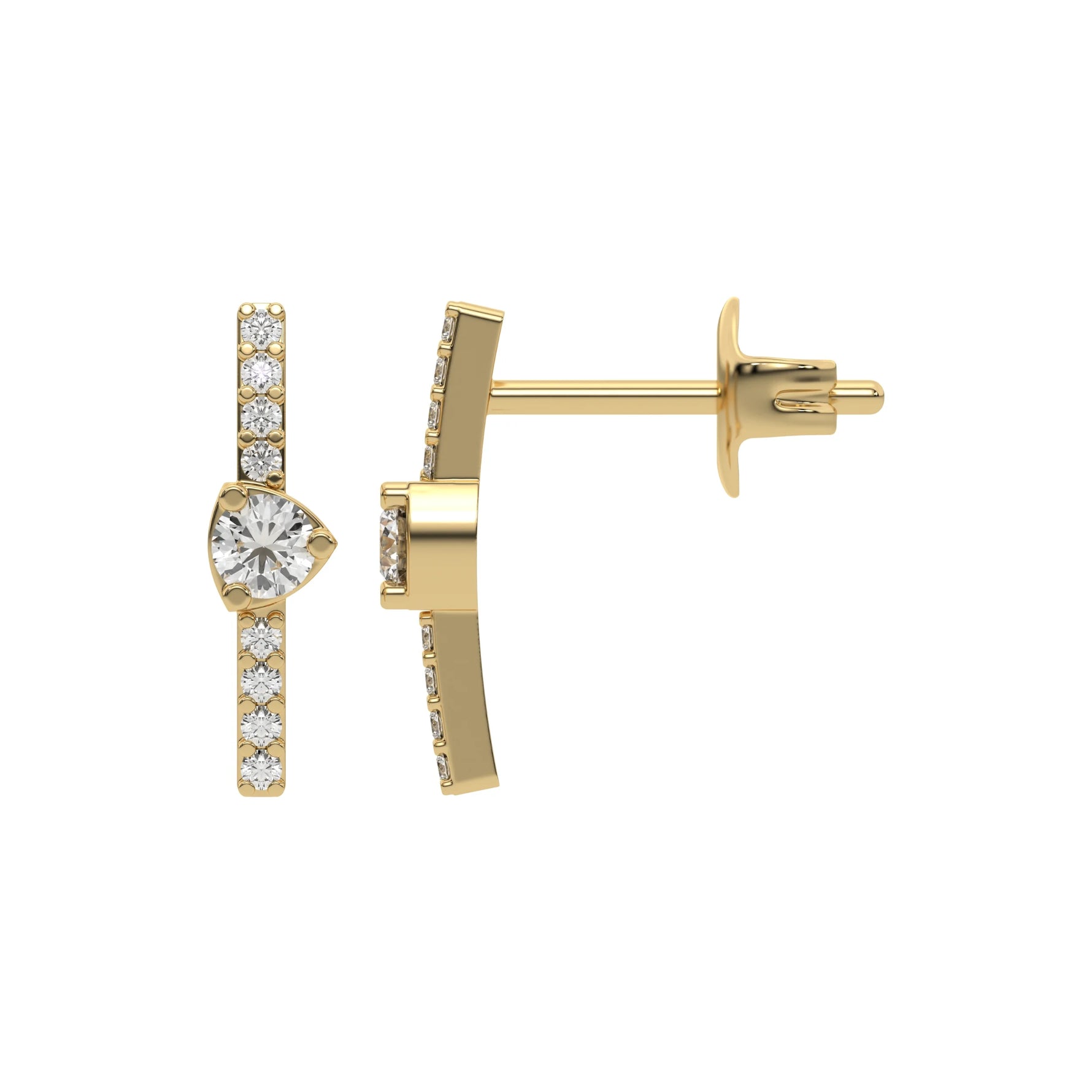 This yellow gold Bar Diamond Earrings made with small round brilliant-cut diamonds in pave setting in top view and side view