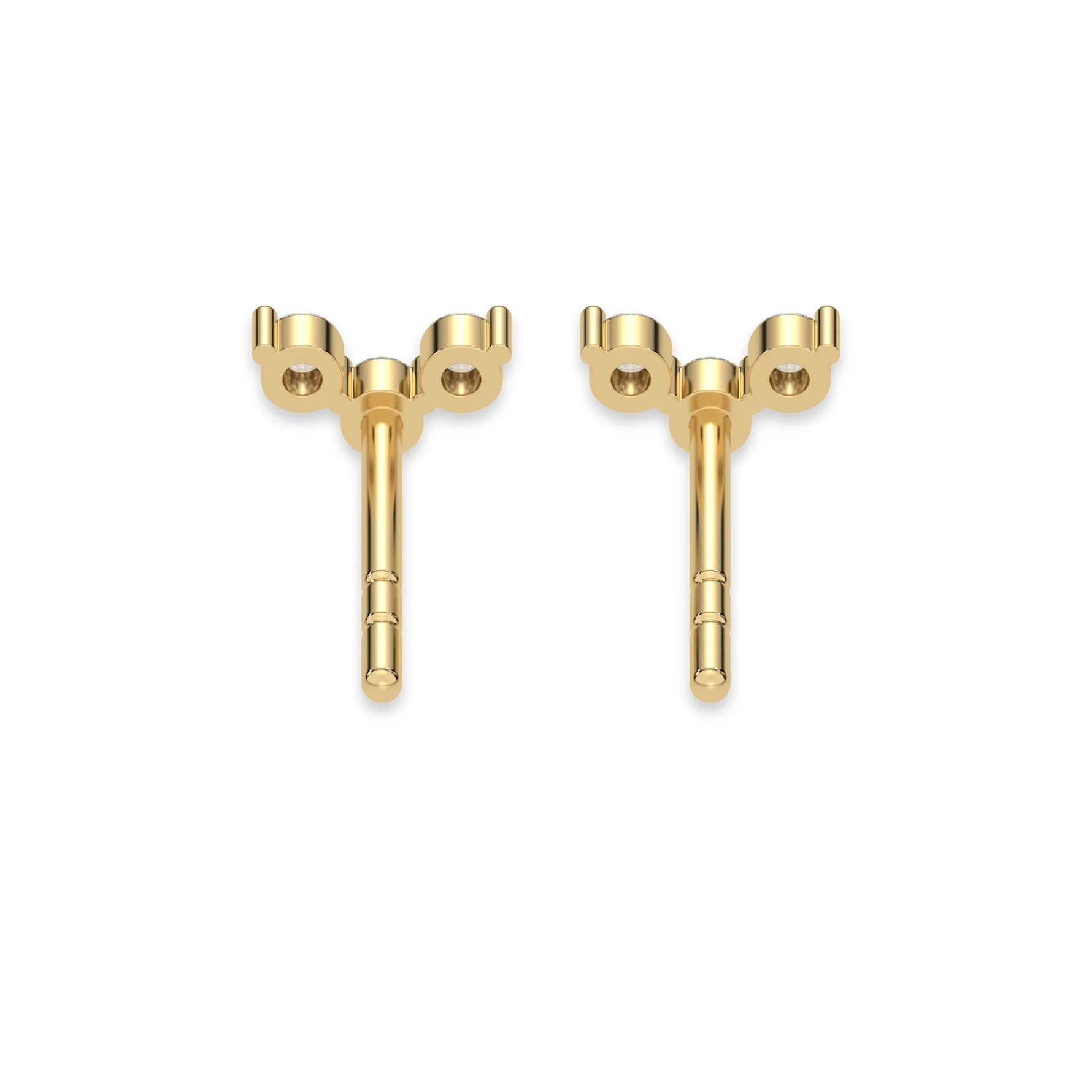 This yellow gold Trio Diamond Earrings made using three round brilliant-cut diamonds creating a v shaped design, securely set in prong setting in back view