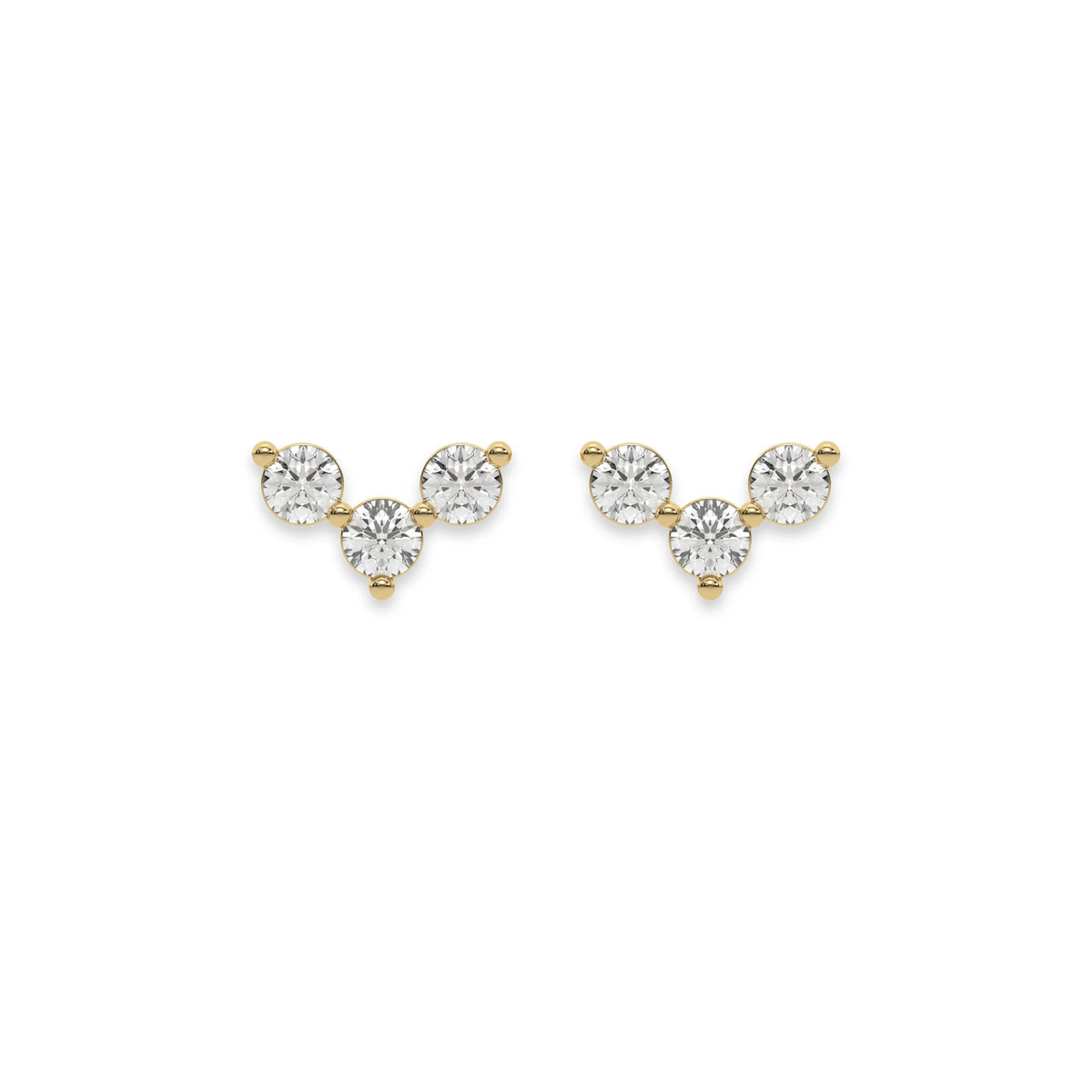 This yellow gold Trio Diamond Earrings made using three round brilliant-cut diamonds creating a v shaped design, securely set in prong setting in top view