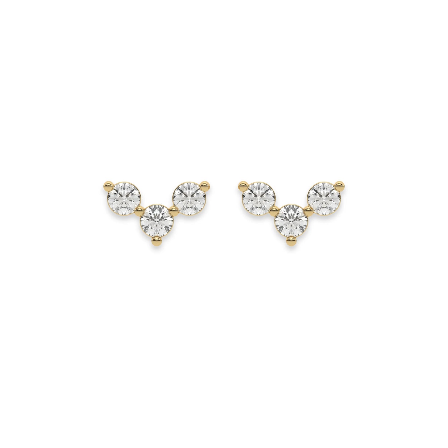 This yellow gold Trio Diamond Earrings made using three round brilliant-cut diamonds creating a v shaped design, securely set in prong setting in top view