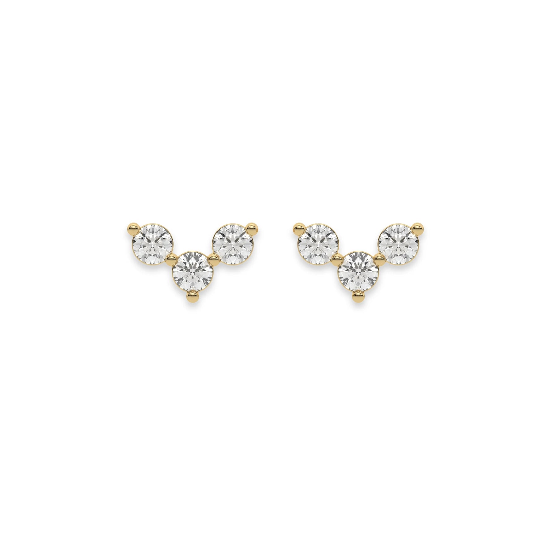 This yellow gold Trio Diamond Earrings made using three round brilliant-cut diamonds creating a v shaped design, securely set in prong setting in top view