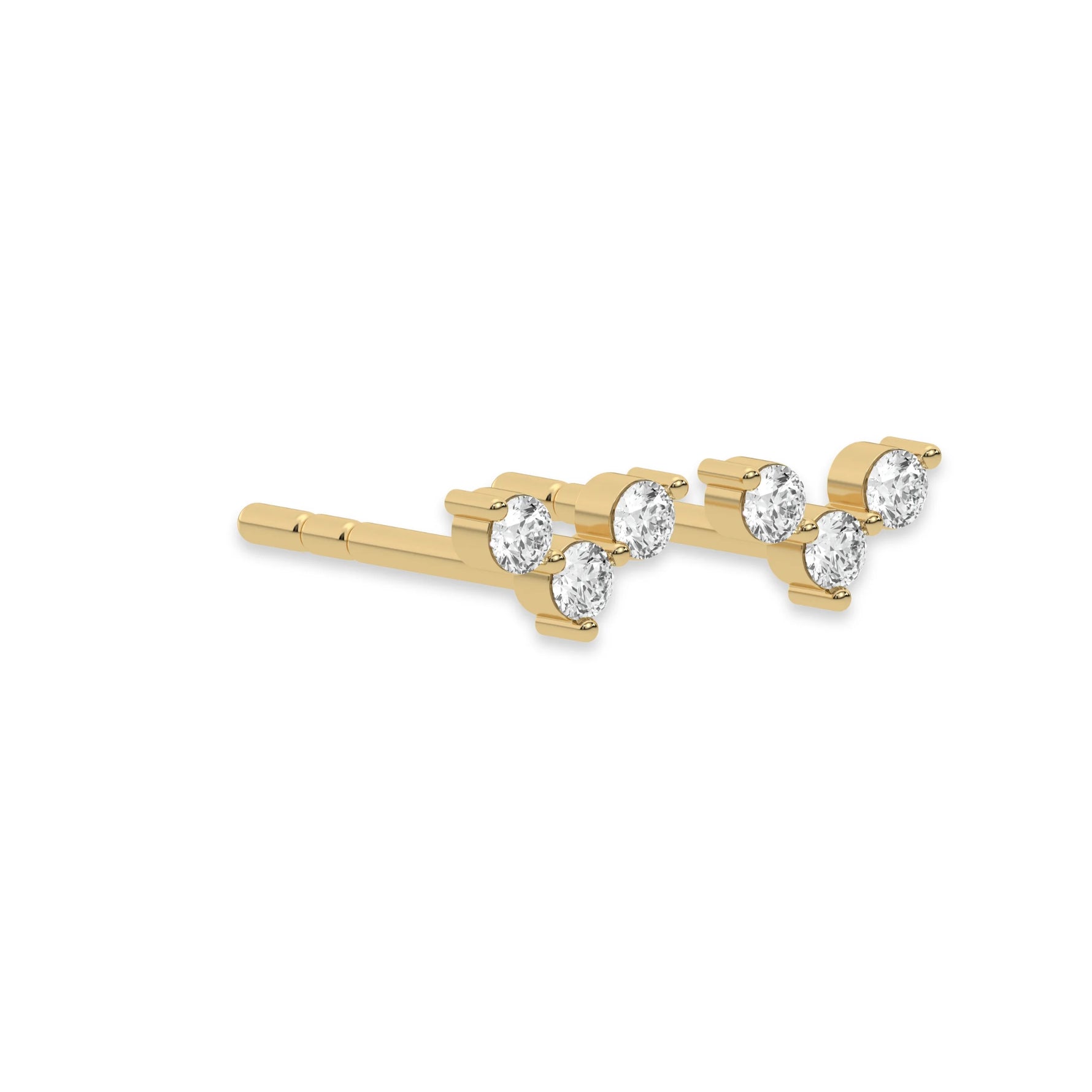 This yellow gold Trio Diamond Earrings made using three round brilliant-cut diamonds creating a v shaped design, securely set in prong setting in side view