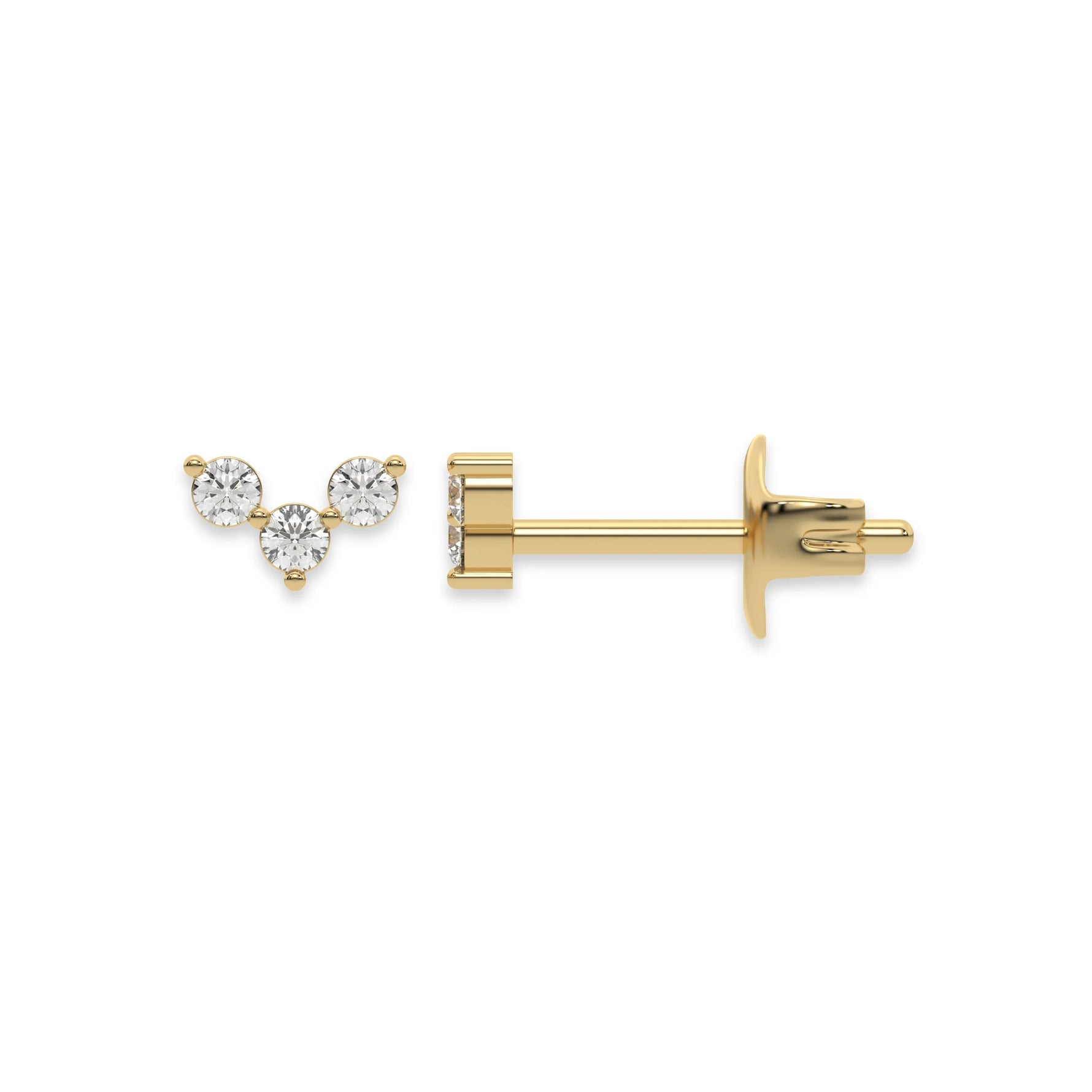 This yellow gold Trio Diamond Earrings made using three round brilliant-cut diamonds creating a v shaped design, securely set in prong setting in top view and side view