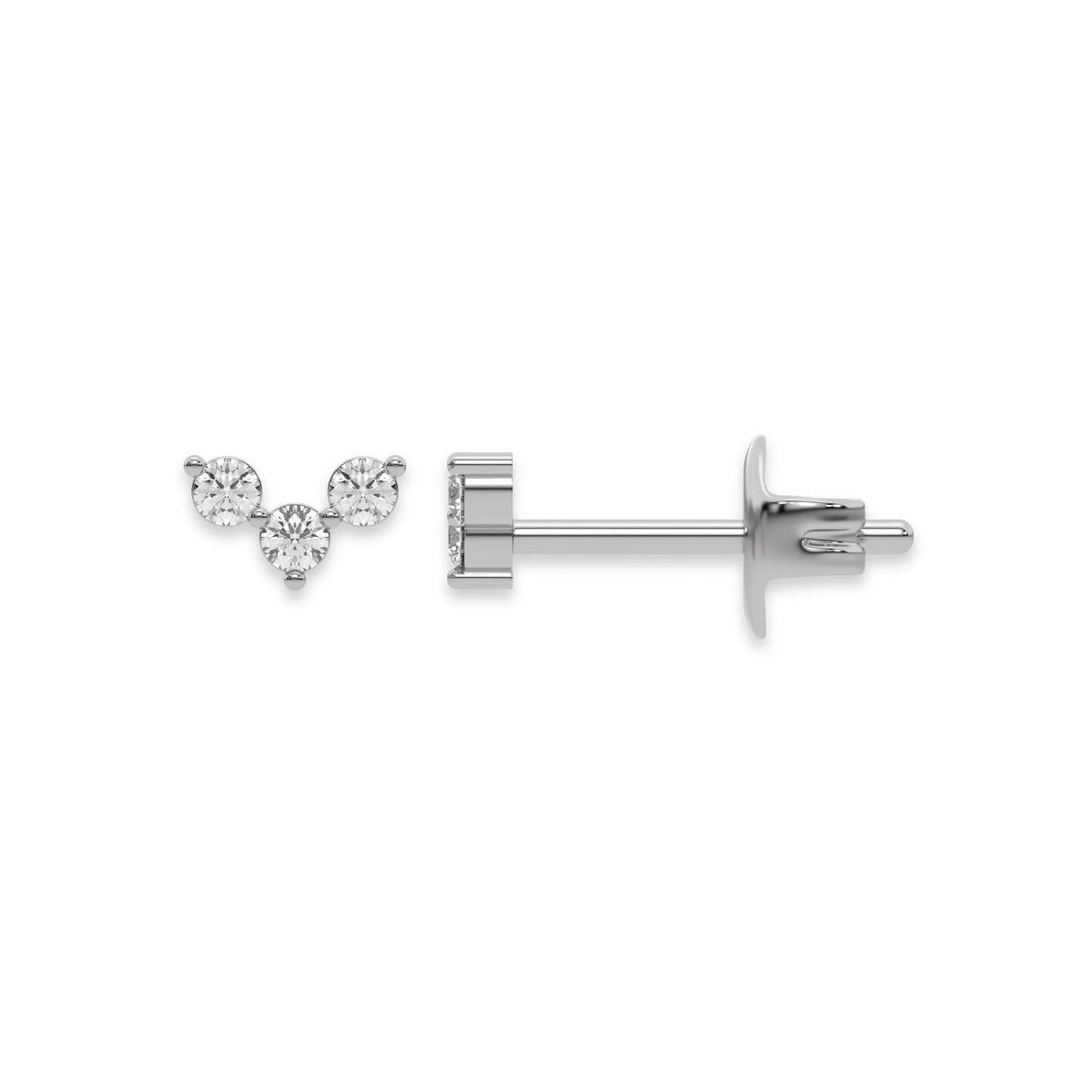 This white gold Trio Diamond Earrings made using three round brilliant-cut diamonds creating a v shaped design, securely set in prong setting in top view and side view