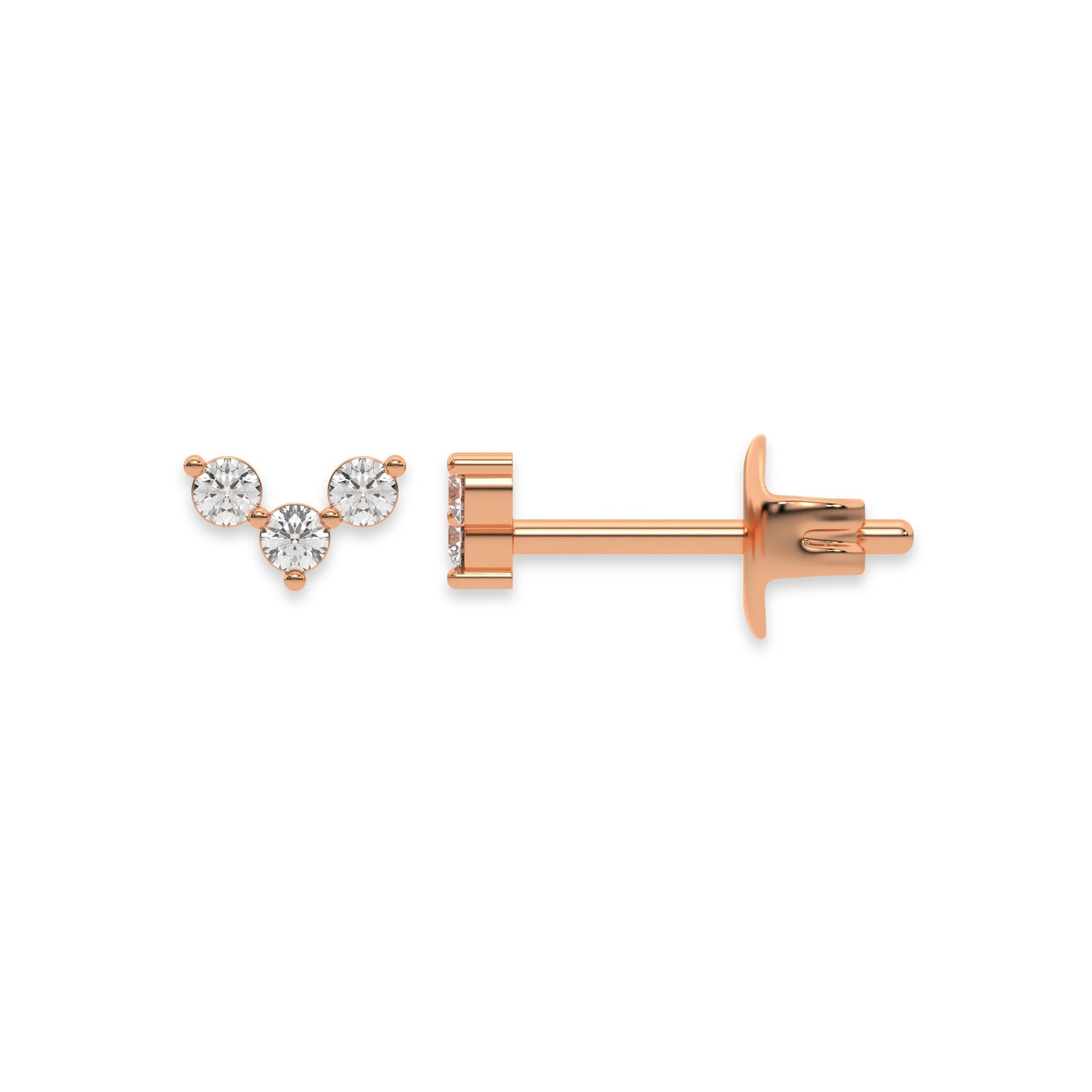 This rose gold Trio Diamond Earrings made using three round brilliant-cut diamonds creating a v shaped design, securely set in prong setting in top view and side view