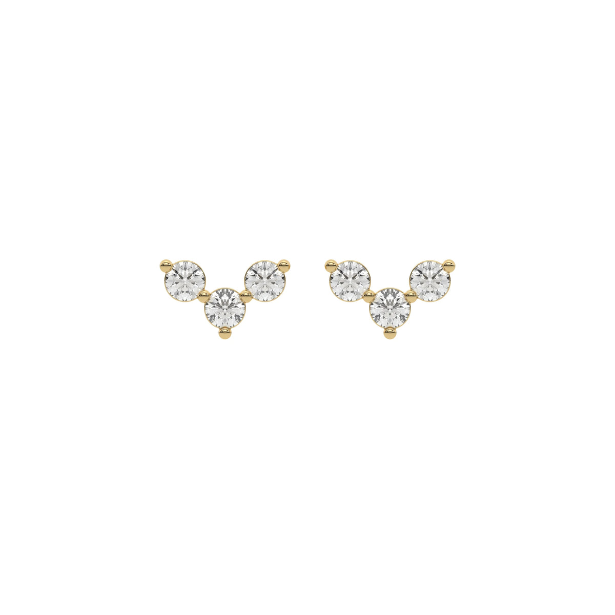 18k Yellow gold round cut diamond trio stud earrings set in prong setting.