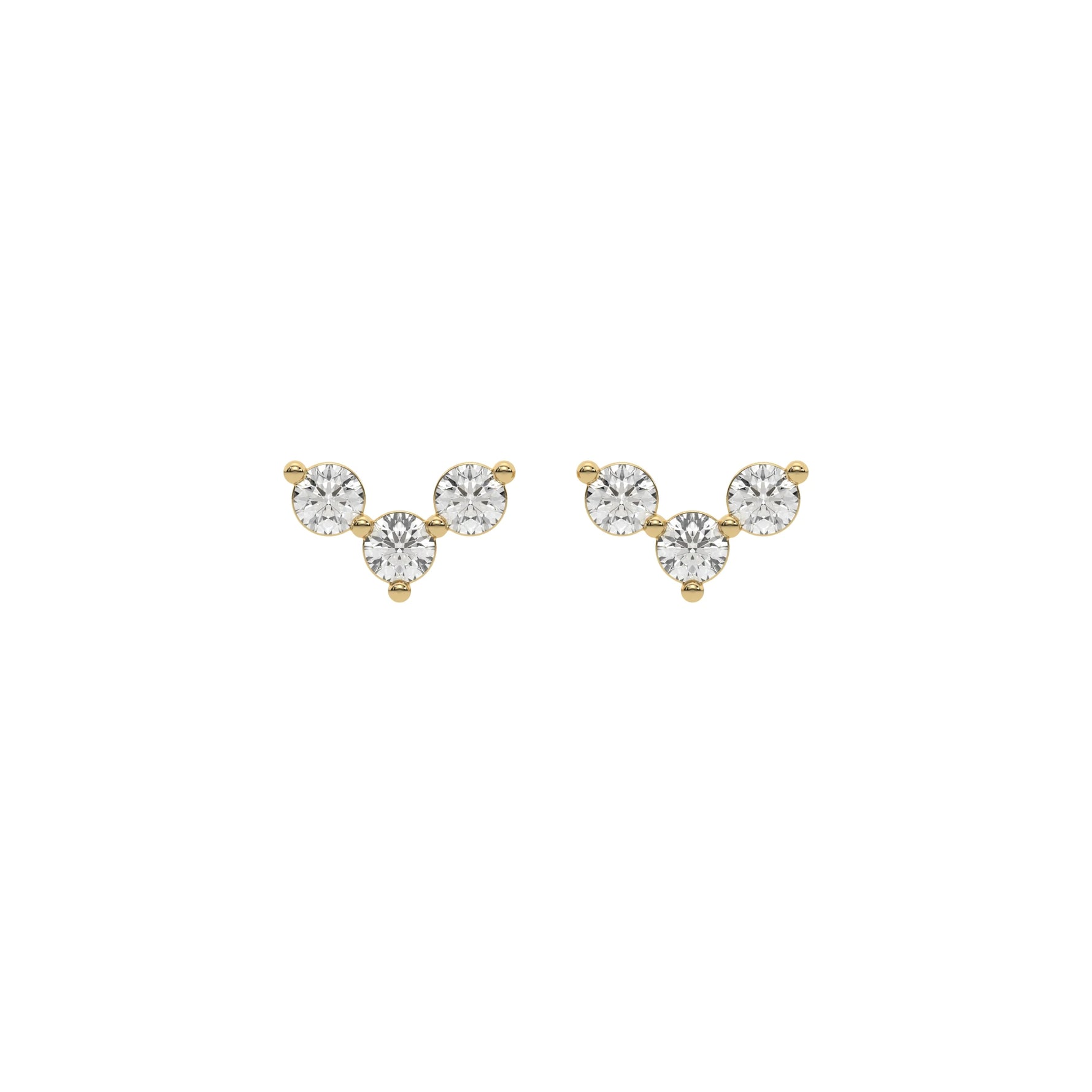 18k Yellow gold round cut diamond trio stud earrings set in prong setting.
